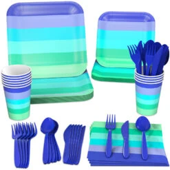 Hallmark Color Pop 96-Piece Tableware Basics Party Kit, Cool Ombré Stripe